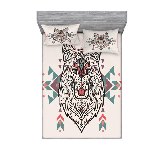Ambesonne Ethnic Fitted Sheet & Pillow Sham Set, Big Wolf Head Ornaments, Full, Pearl Coral and Teal