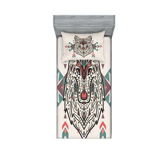 Ambesonne Ethnic Fitted Sheet & Pillow Sham Set, Big Wolf Head Ornaments, Twin, Pearl Coral and Teal