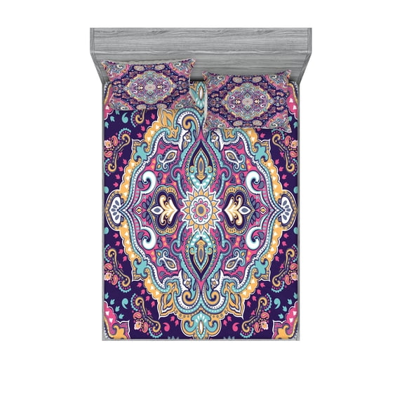 Ambesonne Ethnic Fitted Sheet & Pillow Sham Set, Boho Colorful Spring Garden, Full, Multicolor