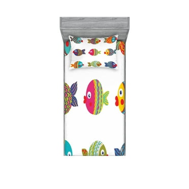 Ambesonne Ethnic Fitted Sheet & Pillow Sham Set, Cartoon Fish, Twinxl, Multicolor