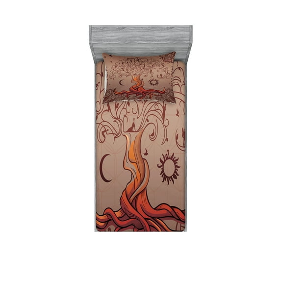Ambesonne Ethnic Fitted Sheet & Pillow Sham Set, Charming Vintage Tree, Twinxl, Orange Mauve Taupe