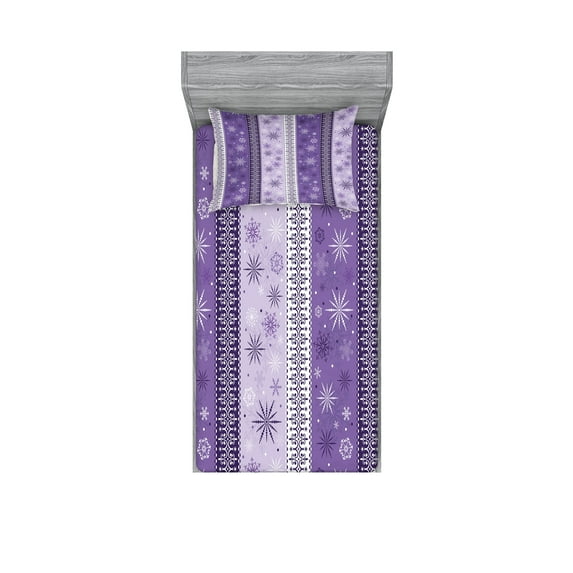 Ambesonne Ethnic Fitted Sheet & Pillow Sham Set, Christmas Snowflake Noel, Twinxl, Lavender Violet White