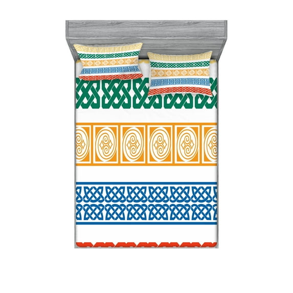 Ambesonne Ethnic Fitted Sheet & Pillow Sham Set, Coloful Greek Tiles, Full, Multicolor