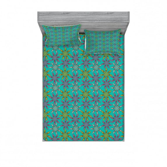 Ambesonne Ethnic Fitted Sheet & Pillow Sham Set, Colorful Abstract Petals, Queen, Multicolor