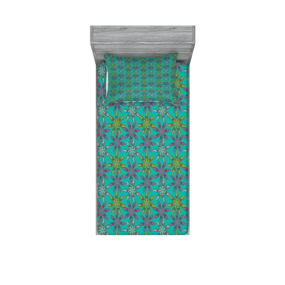 Ambesonne Ethnic Fitted Sheet & Pillow Sham Set, Colorful Abstract Petals, Twinxl, Multicolor