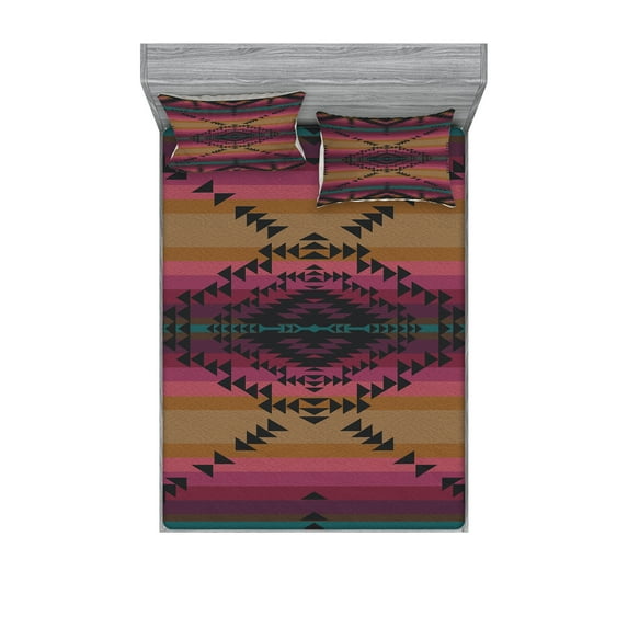 Ambesonne Ethnic Fitted Sheet & Pillow Sham Set, Colorful Stripes Triangles, Full, Multicolor
