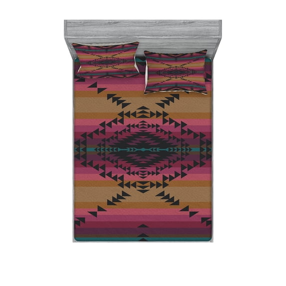 Ambesonne Ethnic Fitted Sheet & Pillow Sham Set, Colorful Stripes Triangles, Queen, Multicolor