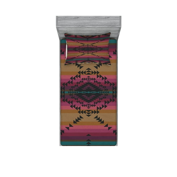 Ambesonne Ethnic Fitted Sheet & Pillow Sham Set, Colorful Stripes Triangles, Twin, Multicolor