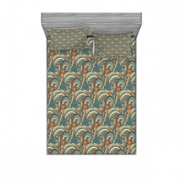 Ambesonne Ethnic Fitted Sheet & Pillow Sham Set, Contrast Vivid Tones, Full, Avocado Green