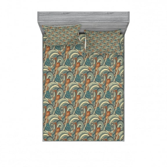 Ambesonne Ethnic Fitted Sheet & Pillow Sham Set, Contrast Vivid Tones, Full, Avocado Green
