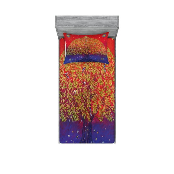 Ambesonne Ethnic Fitted Sheet & Pillow Sham Set, Eastern Art, Twin, Scarlet Blue