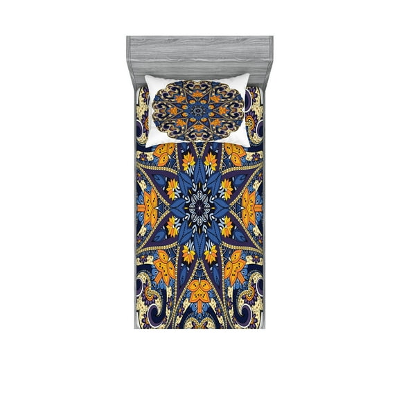Ambesonne Ethnic Fitted Sheet & Pillow Sham Set, Floral Mandala Motif, Twinxl, Blue Orange Purple