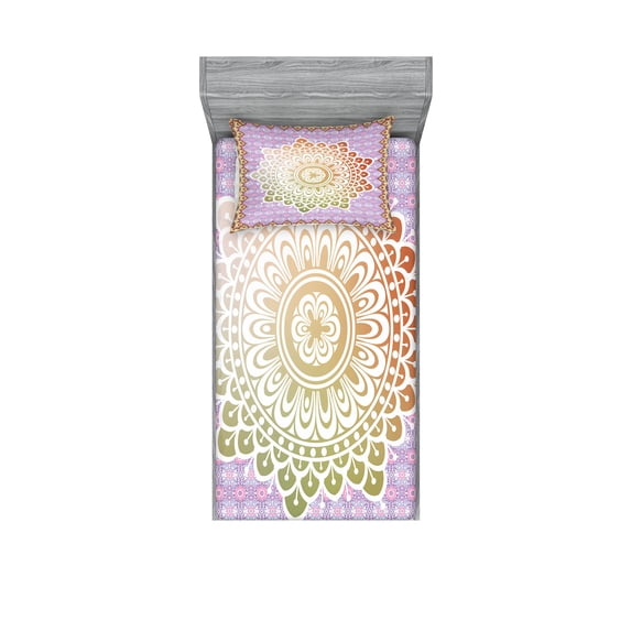 Ambesonne Ethnic Fitted Sheet & Pillow Sham Set, Floral Petal Form Nature, Twinxl, Lilac and Mint