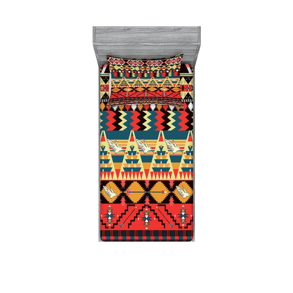 Ambesonne Ethnic Fitted Sheet & Pillow Sham Set, Flowers Arrows, Twin, Multicolor