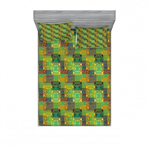 Ambesonne Ethnic Fitted Sheet & Pillow Sham Set, Folk Native, Queen, Multicolor