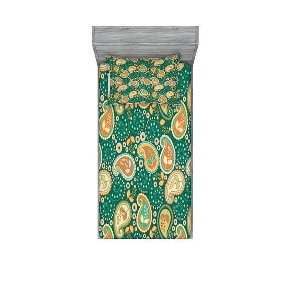 Ambesonne Ethnic Fitted Sheet & Pillow Sham Set, Folkloric Paisley Flowers, Twin, Apricot Hunter Green