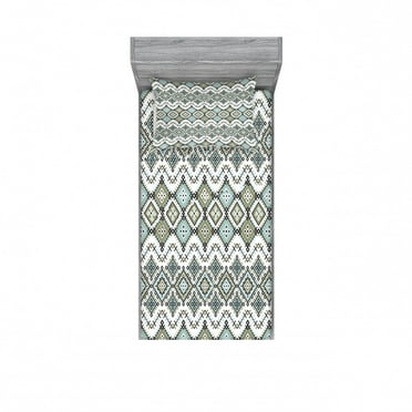 Ambesonne Ethnic Fitted Sheet & Pillow Sham Set, Geometric Art, Twin, Sage Green Seafoam