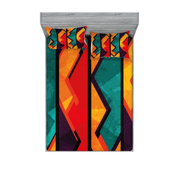 Ambesonne Ethnic Fitted Sheet & Pillow Sham Set, Geometric Modern Design, Full, Teal Orange Marigold