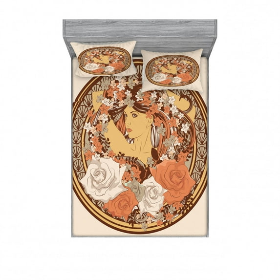 Ambesonne Ethnic Fitted Sheet & Pillow Sham Set, Hippie Girl Floral, Full, Brown