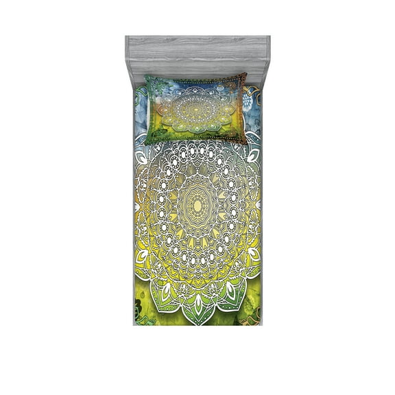 Ambesonne Ethnic Fitted Sheet & Pillow Sham Set, Mandala Boho, Twin, Multicolor