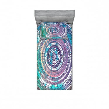 Ambesonne Ethnic Fitted Sheet & Pillow Sham Set, Mandala Eastern, Twin, Lilac and Blue