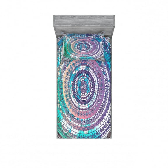 Ambesonne Ethnic Fitted Sheet & Pillow Sham Set, Mandala Eastern, Twin, Lilac and Blue