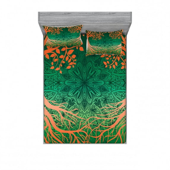 Ambesonne Ethnic Fitted Sheet & Pillow Sham Set, Mandalas, Queen, Orange Green