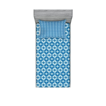 Ambesonne Ethnic Fitted Sheet & Pillow Sham Set, Mexican Cultural Scribble, Twinxl, Blue Slate Blue