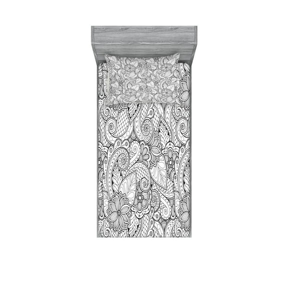 Ambesonne Ethnic Fitted Sheet & Pillow Sham Set, Monochrome Doodle Flora, Twinxl, Black White