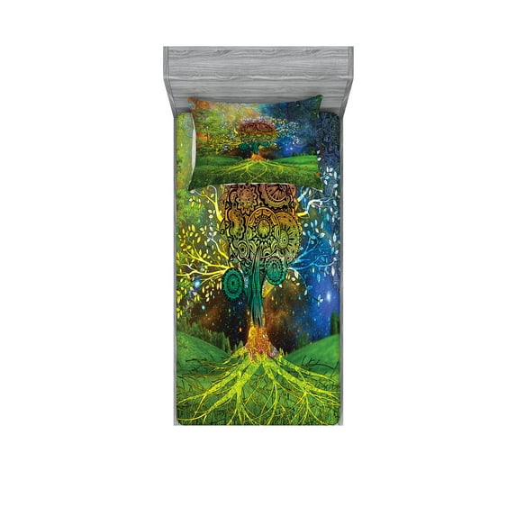 Ambesonne Ethnic Fitted Sheet & Pillow Sham Set, Mother Earth Theme, Twin, Green Blue
