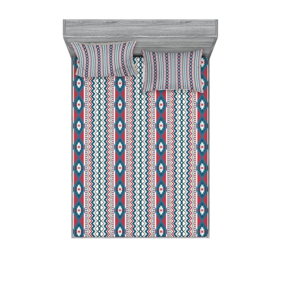 Ambesonne Ethnic Fitted Sheet & Pillow Sham Set, Native Old Motifs, Full, Dark Coral Pale Grey