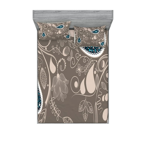 Ambesonne Ethnic Fitted Sheet & Pillow Sham Set, Orienta Swirled Branch, Queen, Pale Brown Teal