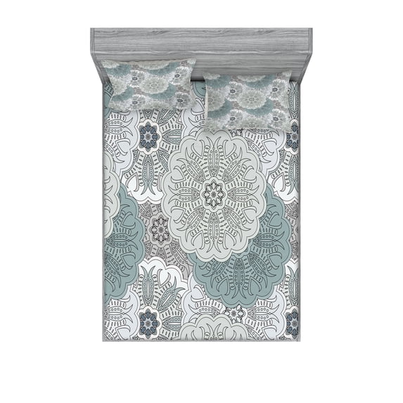 Ambesonne Ethnic Fitted Sheet & Pillow Sham Set, Oriental Style, Full, Blue