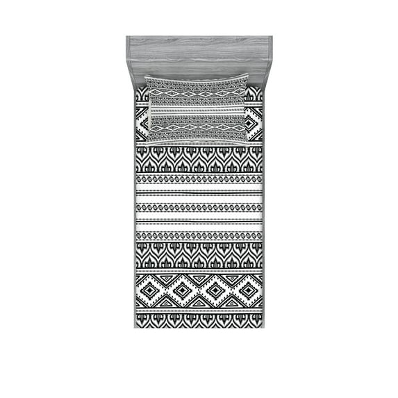 Ambesonne Ethnic Fitted Sheet & Pillow Sham Set, Oriental Tribal Moroccan, Twinxl, Charcoal Grey White