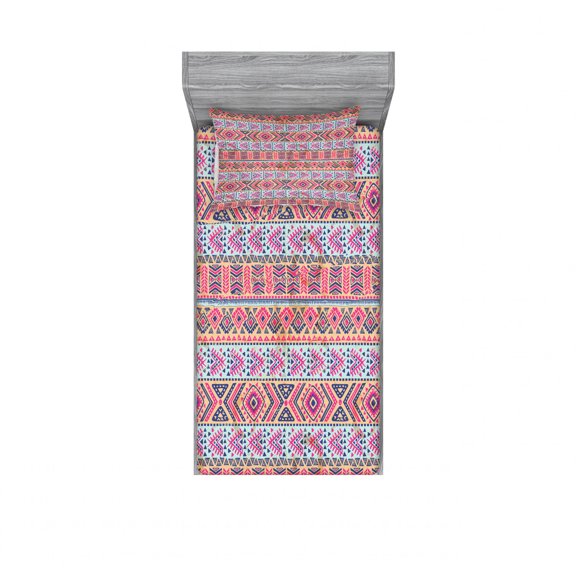 Ambesonne Ethnic Fitted Sheet & Pillow Sham Set, Retro Spring Aztec Art, Twin, Pale Blue Indigo