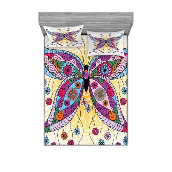 Ambesonne Ethnic Fitted Sheet & Pillow Sham Set, Spring Flowers Butterfly, Queen, Multicolor
