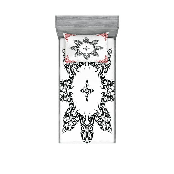 Ambesonne Ethnic Fitted Sheet & Pillow Sham Set, Tattoo Circular Vector, Twin, Black White and Ruby