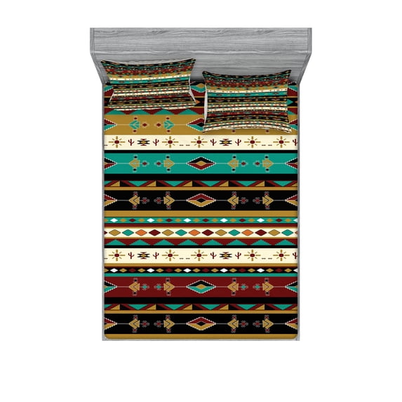 Ambesonne Ethnic Fitted Sheet & Pillow Sham Set, Theme Folkloric Motif, Full, Multicolor