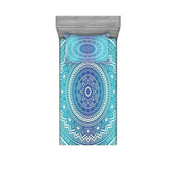 Ambesonne Ethnic Fitted Sheet & Pillow Sham Set, Theme, Twinxl, Pale Blue