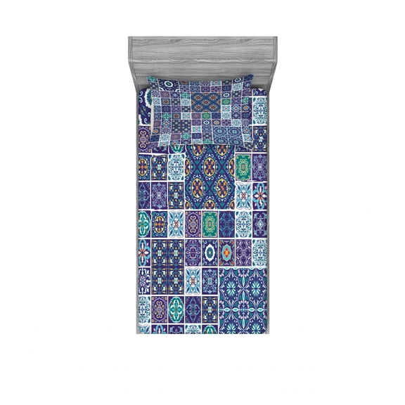 Ambesonne Ethnic Fitted Sheet & Pillow Sham Set, Traditional Mosaic Tile, Twin, Teal Indigo Navy Blue