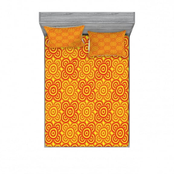 Ambesonne Ethnic Fitted Sheet & Pillow Sham Set, Traditional Motifs, Queen, Vermilion Orange Yellow