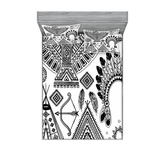 Ambesonne Ethnic Fitted Sheet & Pillow Sham Set, Tribal, Queen, Black and White