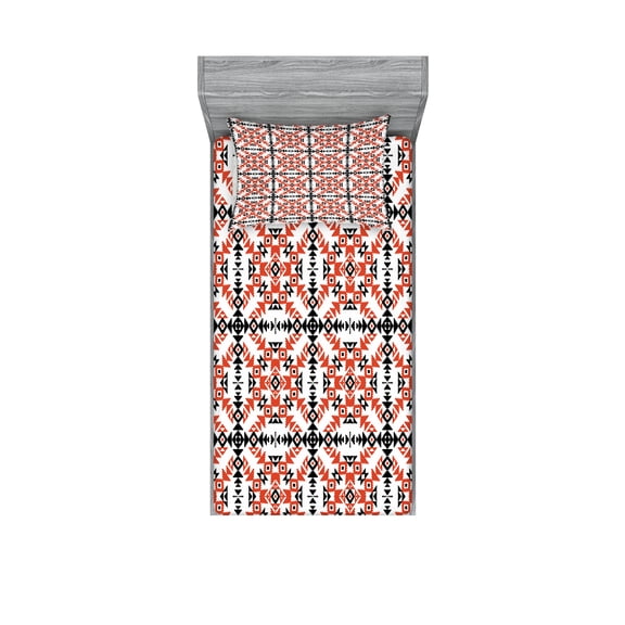 Ambesonne Ethnic Fitted Sheet & Pillow Sham Set, Tribal Retro Geometric Art, Twin, Orange Black White