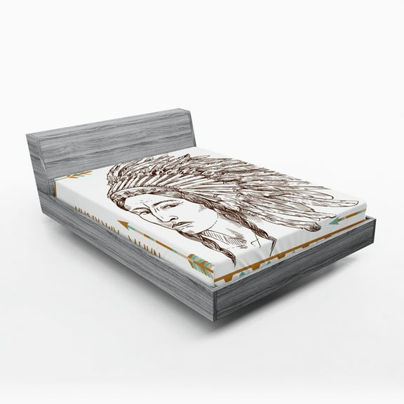 Ambesonne Ethnic Fitted Sheet, Portrait, Queen Size, Chocolate White Teal