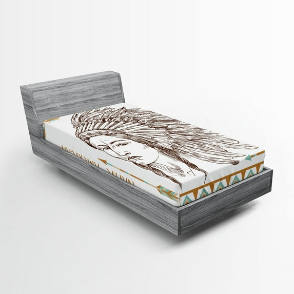 Ambesonne Ethnic Fitted Sheet, Portrait, Twin Size, Chocolate White Teal