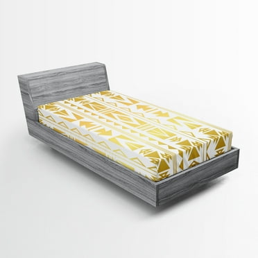 Ambesonne Ethnic Fitted Sheet, Prehistoric Ombre Borders, Twin XL Size, Yellow and White