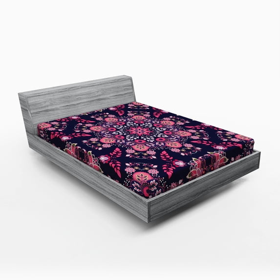 Ambesonne Ethnic Fitted Sheet, Spring Blossoms, Queen Size, Indigo Pink Pale Pink