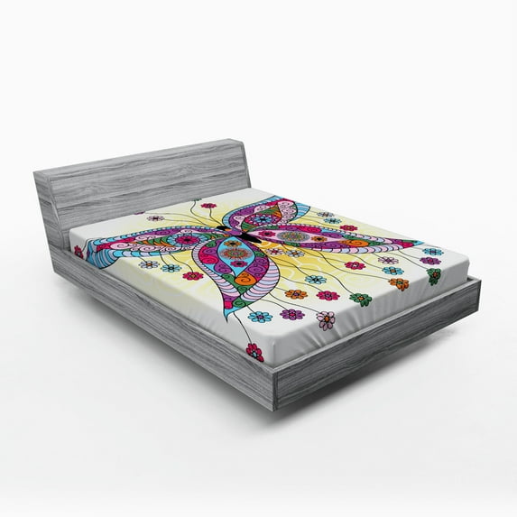 Ambesonne Ethnic Fitted Sheet, Spring Flowers Butterfly, Queen Size, Multicolor