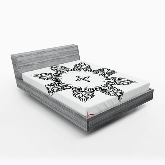 Ambesonne Ethnic Fitted Sheet, Tattoo Circular Vector, Full Size, Black White and Ruby