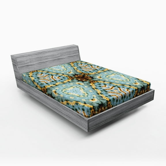 Ambesonne Ethnic Fitted Sheet, Tie Dye Effect Batik, Full Size, Brown Blue